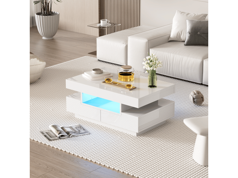  Table basse brillante avec éclairage led et 4 tiroirs, blanc, 80 x 50 x 36 cm Fay Lum - Conforama B