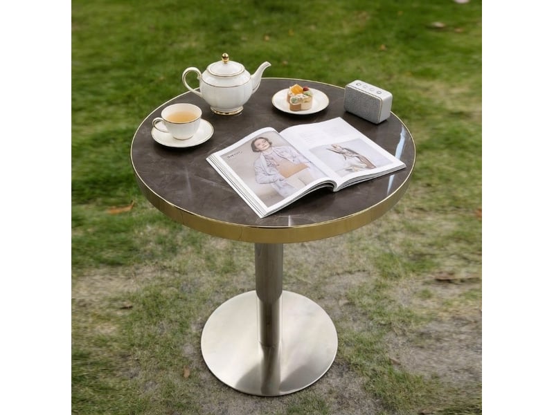 Table basse fixe ronde avec plateau en mdf traité uv effet marbre, cadre doré et pied central stable pour salon, grise - Conforama D