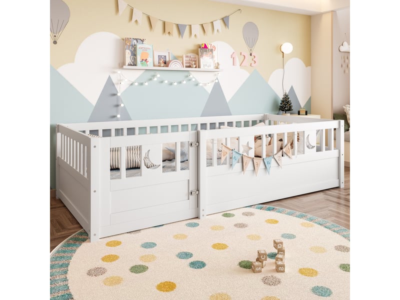  Lit enfant 90x190 avec barrière de sécurité, lit enfant style minimaliste blanc, motif étoile et lune, cadre en bois massif.  - Conforama E