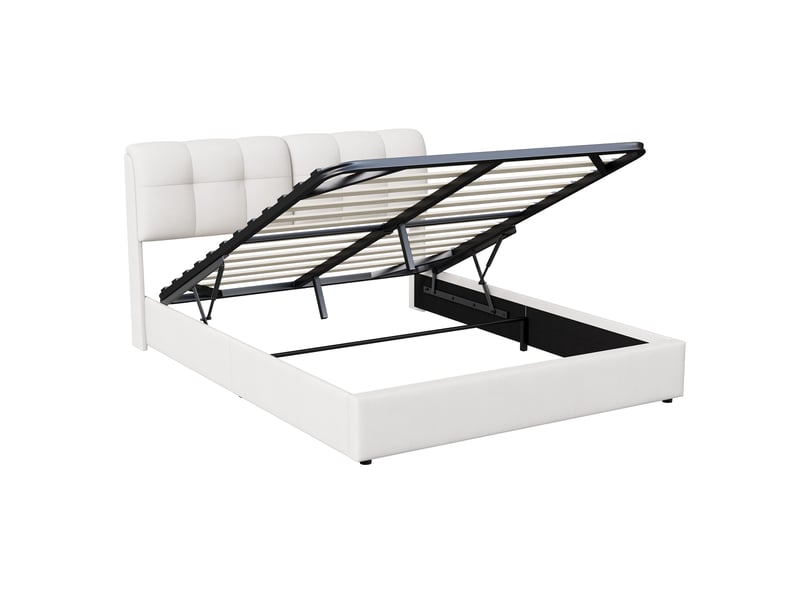  Lit adulte 2 places 140x200 cm velours beige - tête de lit capitonnée led, coffre hydraulique, sommier à lattes inclus, design moderne  - Conforama R