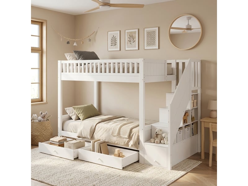 Lit superposé enfant 90 × 200 cm avec escalier de rangement, 2 tiroirs, barrière, sans matelas  - Conforama C