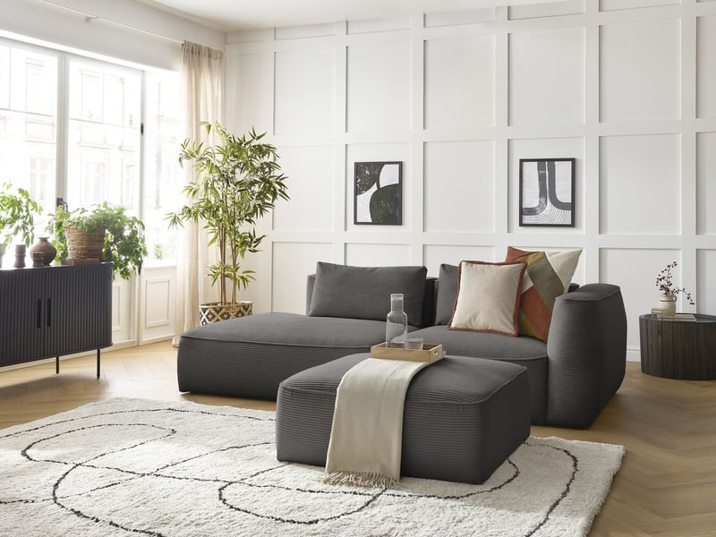  Bobochic canapé droit fixe 3 places leopold velours côtelé avec pouf taupe  accoudoir droit LEOPOLD - Conforama B