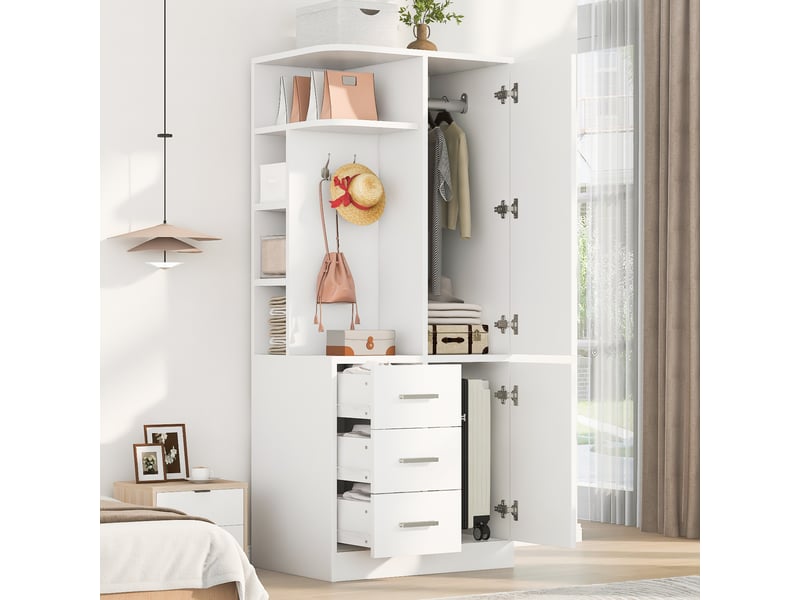  Armoire 1 porte avec penderie, tiroirs, niches ouvertes et crochets pour chambre en bois blanc 70×50×170 cm  - Conforama B