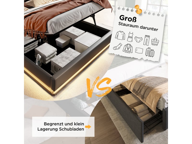  Lit coffre 160x200 cm avec led, port usb type-c, tête de lit et cadre en métal, sommier inclus, pu, noir, sans matelas  - Conforama D