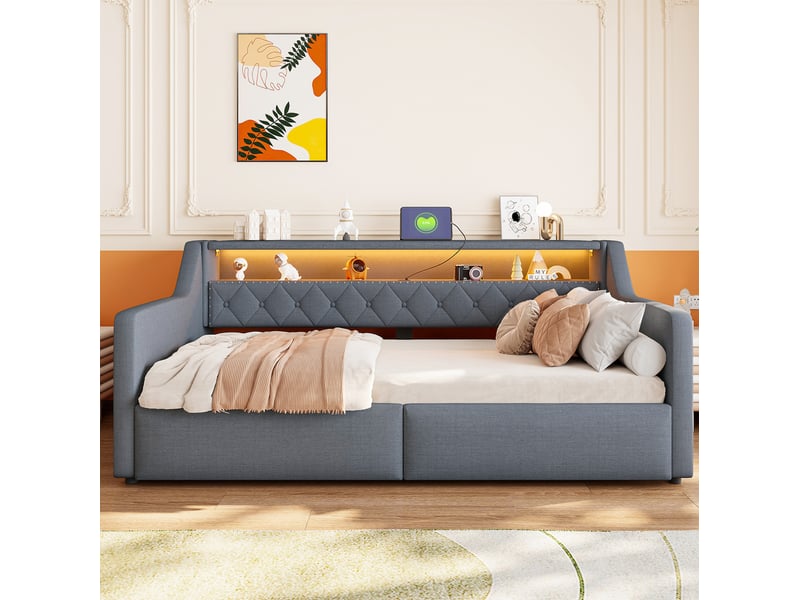  Lit simple 90x200 cm avec rangement hydraulique et led en lin et mdf gris  - Conforama C