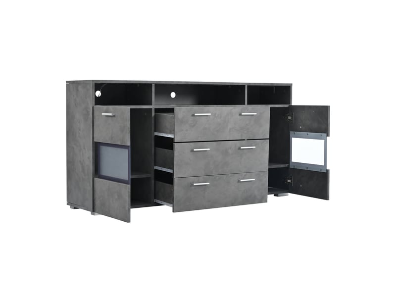  Buffet avec 2 portes 3 tiroirs et 3 niches, led, pour salon, panneaux de particules, gris, 140×33.5×72.5 cm  - Conforama A