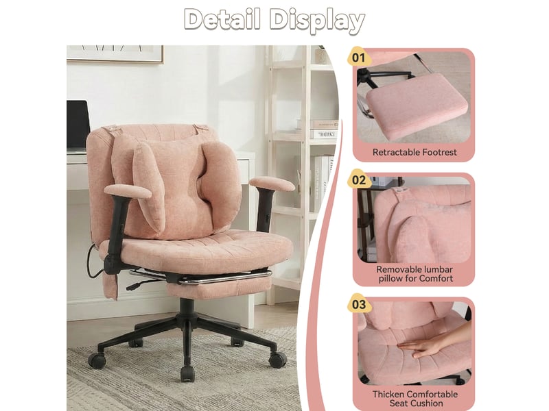  Fauteuil gaming de bureau rose en tissu, hauteur réglable, avec repose-pieds et roulettes, charge 150 kg  - Conforama D