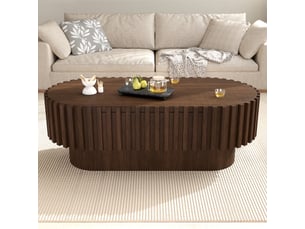 Table basse 100 x 50 x 35,5 cm, tiroir, façades rainurées, table intégrée, meuble gain de place, design moderne et fonctionnel, noyer