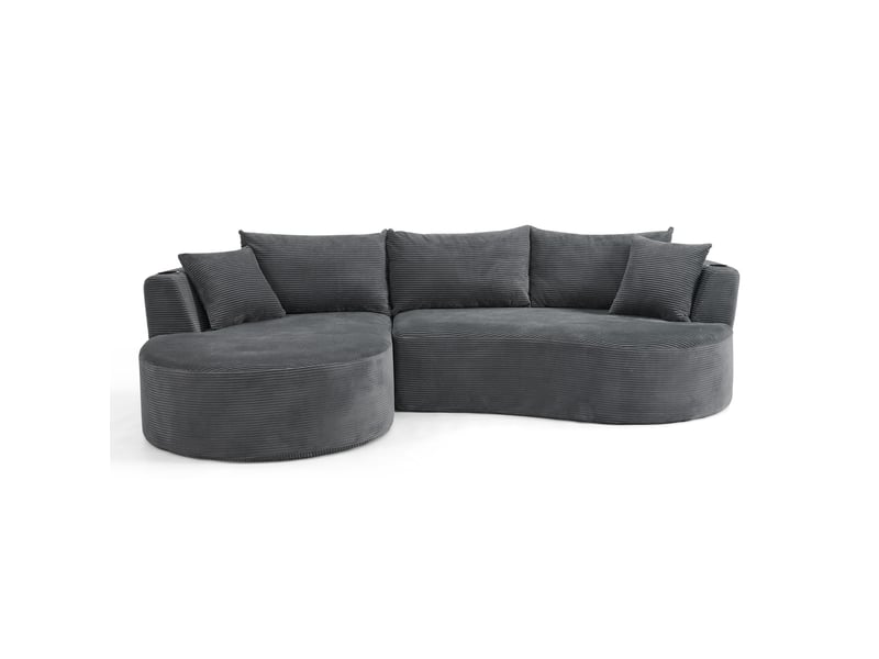  Canapé méridienne gauche 3 places gris design courbé tissu côtelé avec porte-gobelets et coussins pour salon moderne  - Conforama A