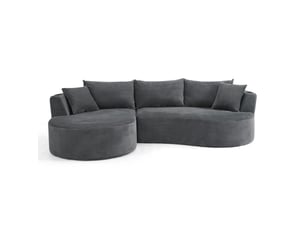 Canapé méridienne gauche 3 places gris design courbé tissu côtelé avec porte-gobelets et coussins pour salon moderne