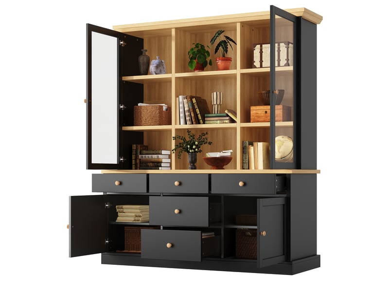  Buffet haut 140x40x185cm avec 5 grands tiroirs, portes vitrées et dispositif anti-basculement, meuble de rangement pour cuisine et salle à manger, noir evarich - Conforama A