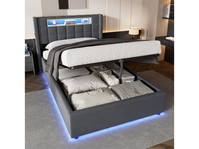  Lit coffre 90x200 cm - avec led, 2 ports usb et 1 port type-c - en velours - gris foncé et gris - sans matelas  - Conforama B