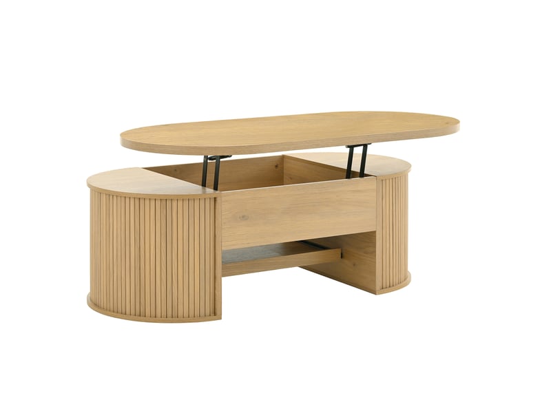  Table basse relevable, table basse avec côtés en bois incurvés, étagère coulissante, plateau relevable, meuble de salon multifonctionnel.  - Conforama E