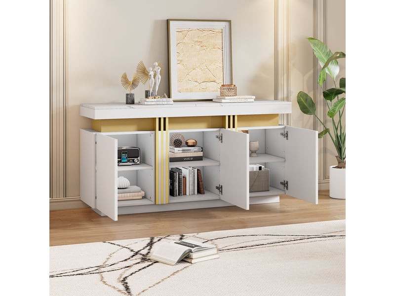  Buffet blanc moderne 140x38x70 cm, meuble rangement cuisine 3 portes sans poignée design platine  - Conforama B