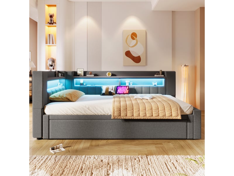  Lit gigogne convertible 90180x200 cm avec led et usb-c, tissu lin gris, structure mdf, sans matelas  - Conforama W
