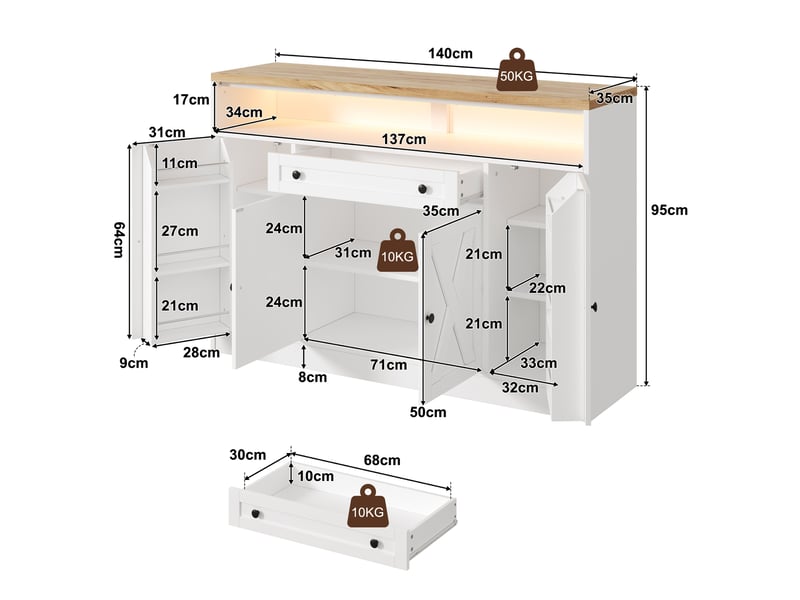 Buffet led avec tiroir, rangements de porte et 4 portes grange, 140 x 35 x 95 cm - Conforama C