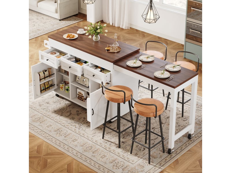Îlot de cuisine extensible (131,5-210 cm) avec table pivotante à 360°, meuble de rangement avec tiroirs et placards, couleur blanche - Conforama C