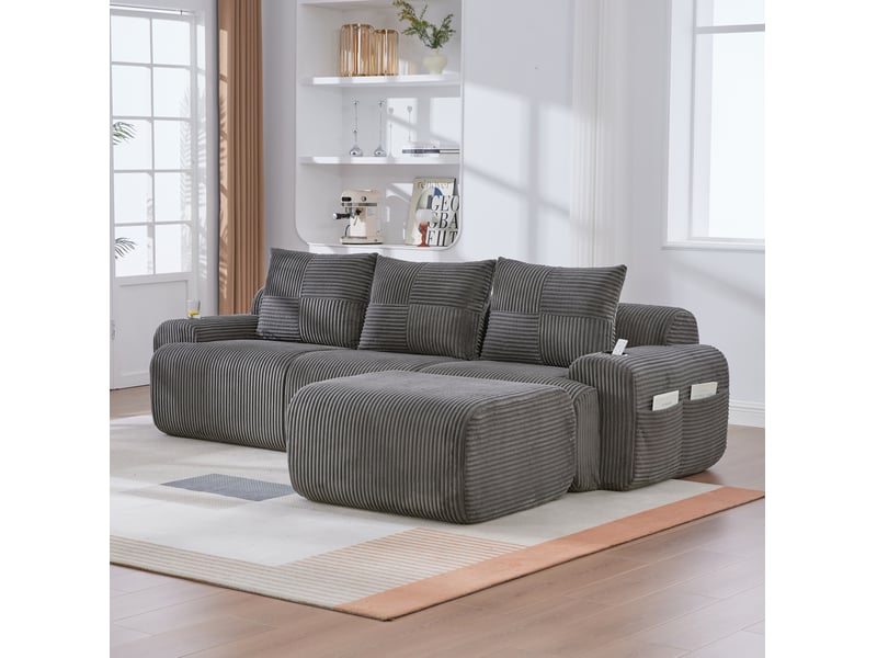  Canapé modulable 3 places 268x174x80 cm avec poufs velours côtelé gris foncé  - Conforama C