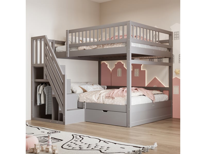  Lit superposé en bois massif 140*200cm, gris, échelle avec rangement, tiroirs et garde-corps élevé pour enfants  - Conforama D