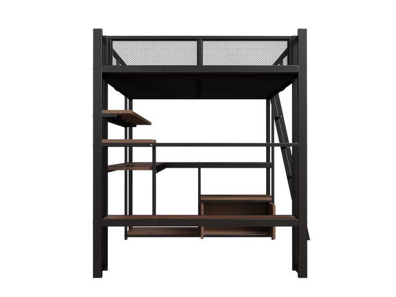  Lit mezzanine 140 x 200 cm, lit enfant surélevé, bureau intégré, étagères ouvertes, éclairage led, échelle, barrières de sécurité, métal, noir Morn Vibe - Conforama E