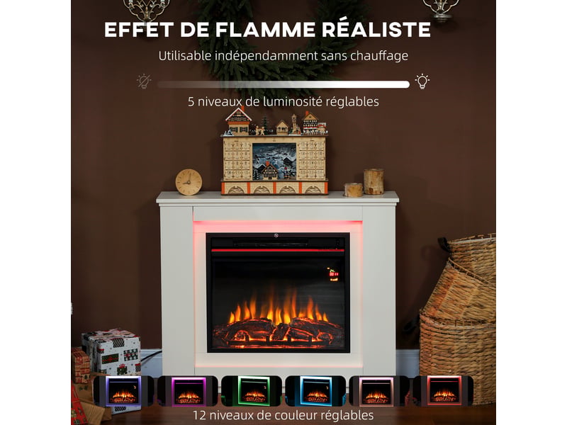  Cheminée électrique 1000w2000w fausse cheminée effet flamme à 12 couleurs et 5 luminosités réglables 98x25x80cm blanc  - Conforama D