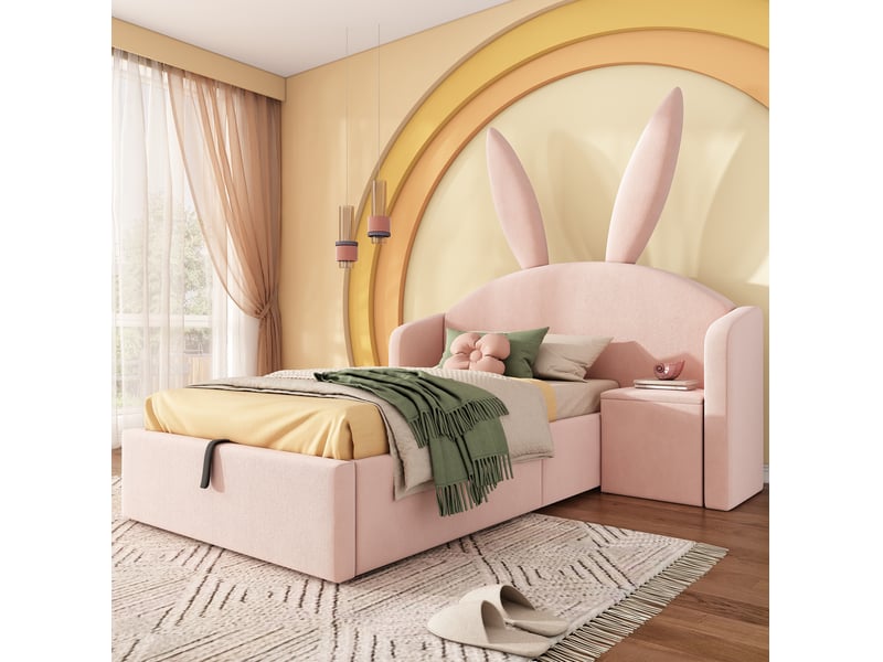  Modenvie lit enfant coffre 90x190 cm - avec rangement intégré, table de chevet réversible, sans matelas - rose  - Conforama B
