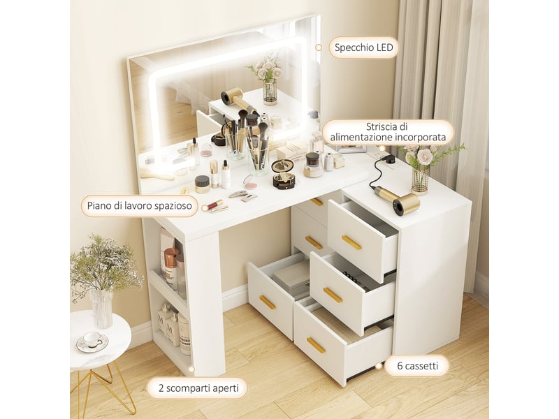  Coiffeuse de chambre avec miroir, éclairage led réglable, 6 tiroirs, 2 étagères et prises électriques, blanche  - Conforama D