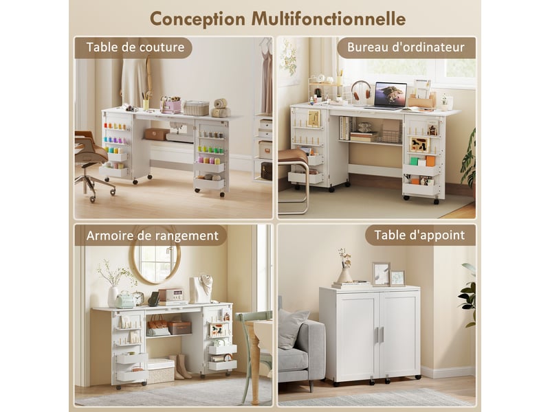  Table de couture pliante, meuble couture à roulettes, 2 portes magnétiques, 4 bacs, 20 crochets, blanc, 160x40x81,5cm  - Conforama R