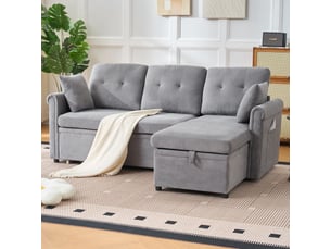 Canapé d’angle l gris en chenille convertible, coffre de rangement, montage réversible