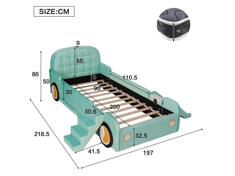  Lit enfant voiture modenvie 90 x 200 cm avec toboggan et escalier réversibles, velours, bleu vert  - Conforama C