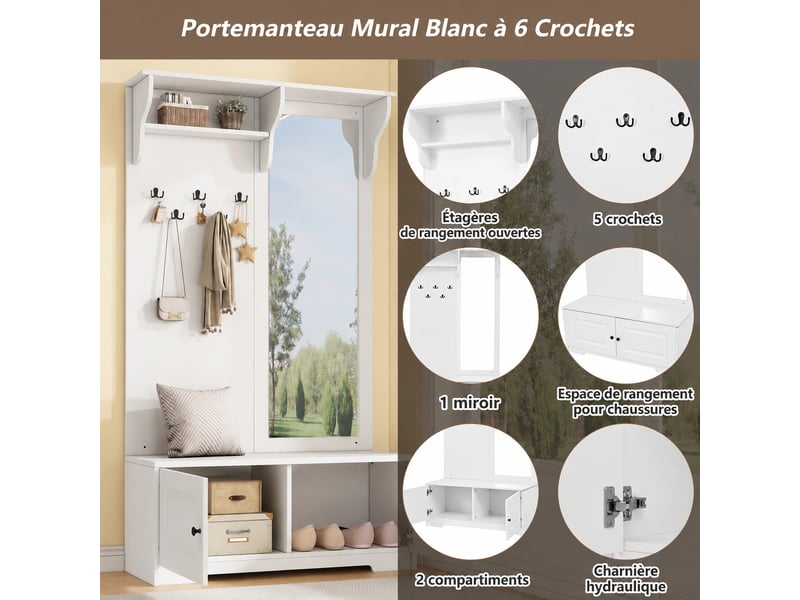  Meuble d’entrée avec miroir et banc à chaussures, 5 patères, 2 placards, 100 x 40 x 180 cm, blanc  - Conforama D