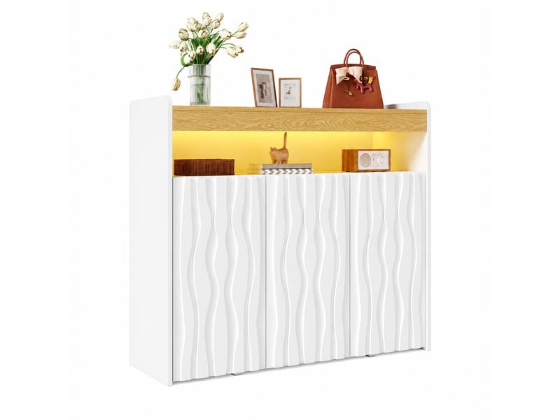 Buffet avec éclairage led 3 portes motif vague 105 cm blanc et naturel  - Conforama A