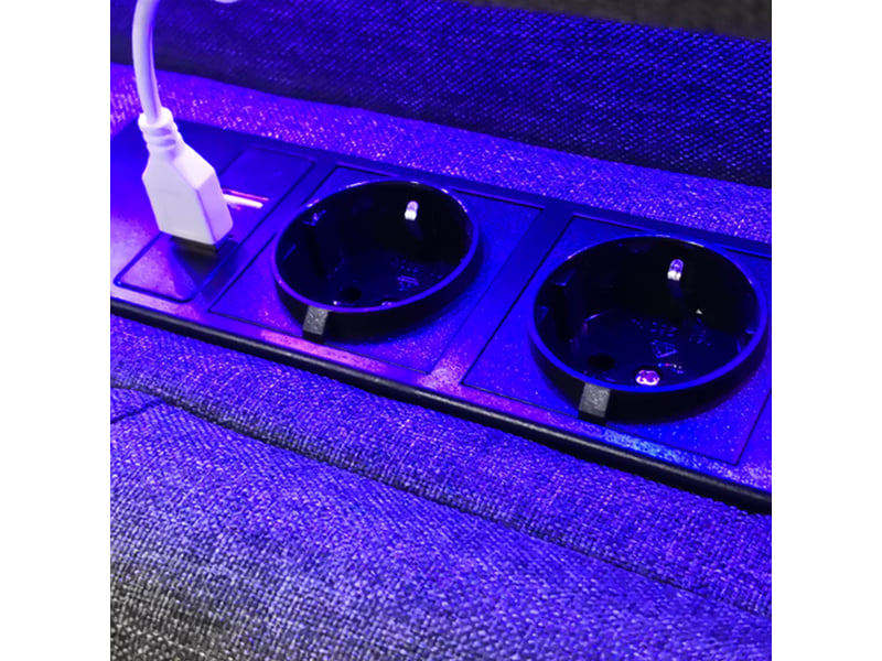  Lit rembourré 140x200 cm avec tête de lit rangement, LED et prises USB, lit double avec sommier à lattes - Gris (Sans matelas) Fay Lum - Conforama E