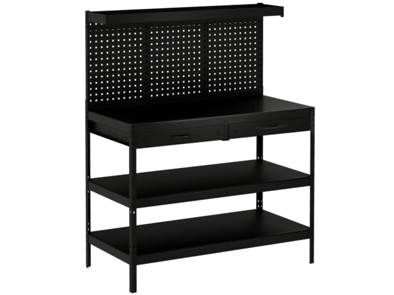 Établi d'atelier noir avec étagères réglables, panneau perforé, 2 tiroirs, station de travail robuste 122x61x156 cm pour garage - Conforama A