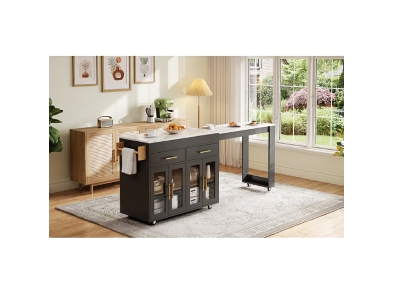  Îlot de cuisine mobile noir sur roulettes – bar extensible, rangements, tiroirs et étagères, 132,5–217 × 50 × 93 cm  - Conforama B