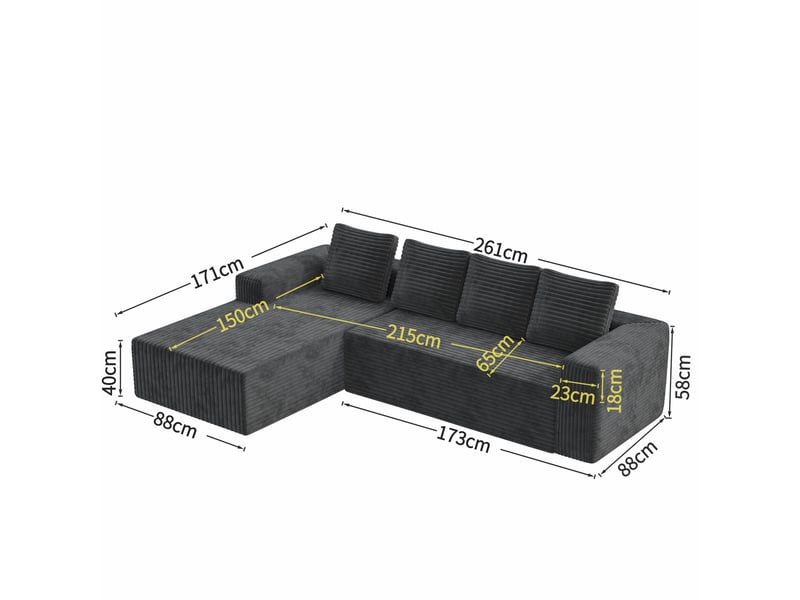 Canapé-lit, 261 × 168 × 58 cm, gris, velours côtelé, forme l, avec méridienne, modules reconfigurables, structure sans cadre  - Conforama E