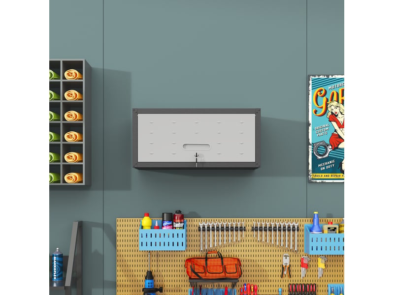  Armoire à outils murale 75 x 30 x 34,5 cm noire et grise en acier, porte relevable avec serrure  - Conforama E