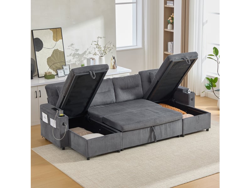 Canapé panoramique convertible modenvie 4 places en velours côtelé gris charbon avec deux méridiennes, rangements, porte-gobelets et usb type-c 272 x 136 x 86 cm - Conforama E