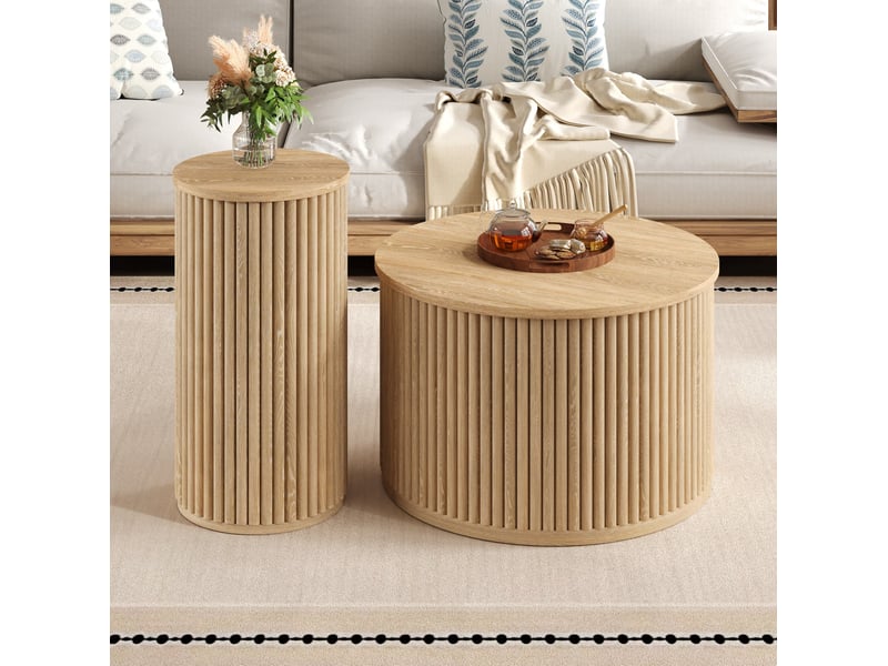  Lot de 2 tables basses rondes en mdf, grand et petit modèles, coloris naturel  - Conforama D