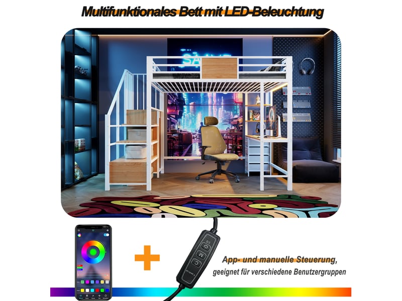  Lit superposé 140x200 cm, lit enfant, bureau, penderie, led, prise intégrée, métal blanc  - Conforama R