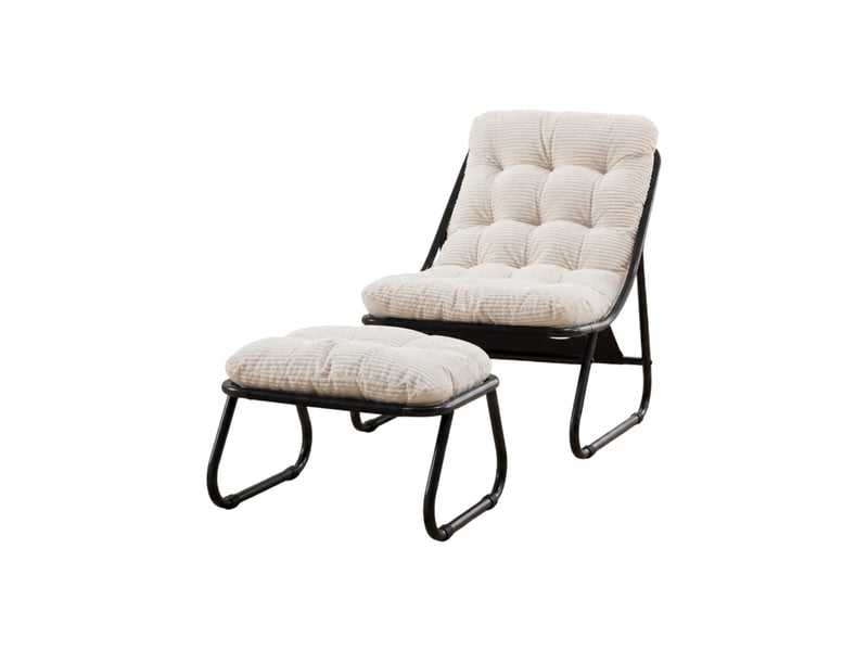  Fauteuil de détente extérieur avec repose-pieds, coussins blancs et structure acier noire, pour intérieur et terrasse  - Conforama A