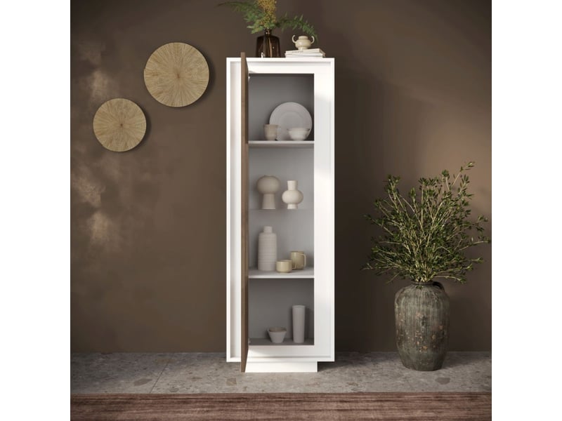 Vitrine 1 porte blanc laqué façades aspect bois finition mercure et verre piètement socle - azonto AZONTO - Conforama D