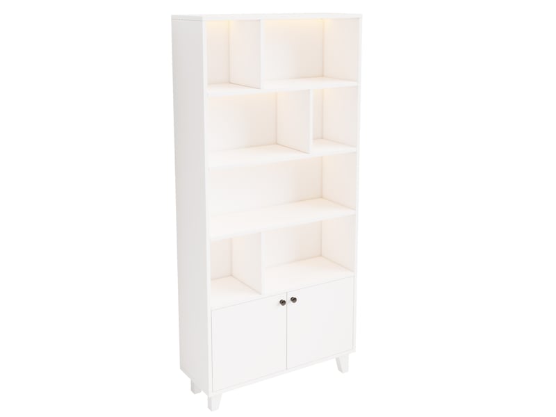  Bibliothèque 80x30x173 cm, pieds en bois massif, plusieurs compartiments de rangement, portes doubles, éclairage d'ambiance led à changement de couleur, contrôle par application, forme simple, blanc  - Conforama D