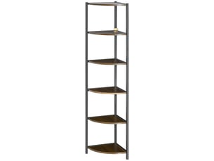 Bibliothèque d'angle moderne à 6 étagères en métal et mdf, 34 x 34 x 166 cm, marron et noir