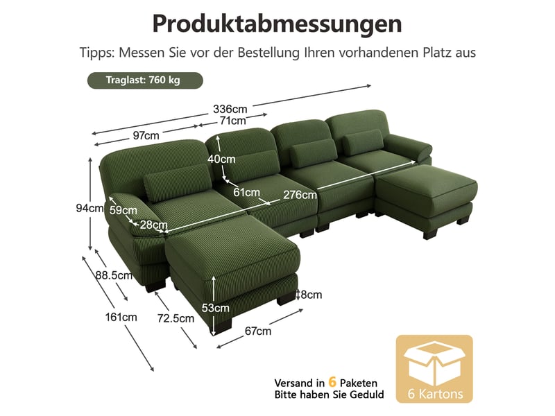  Canapé modulable en u - 4 places - 2 ottomans - velours côtelé - mobilier de salon - grand confort - assise confortable - vert CozyNest - Conforama D