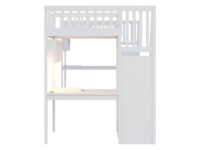 Lit mezzanine 90x200 cm avec escalier de rangement et bureau, avec led, en bois, blanc, sans matelas  - Conforama E