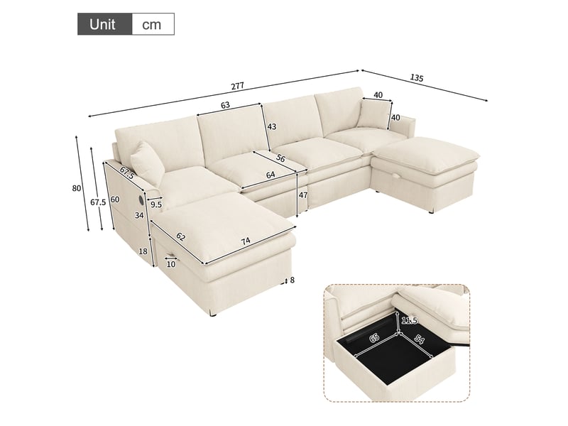 Canapé d'angle modulable tcqpz 6 places u ou l 277 x 135 x 80 cm 2 poufs de rangement coton lin beige - Conforama C