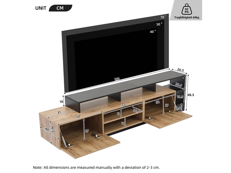 Meuble tv moderne 190 cm jusqu’à 70 pouces, finition chêne et noire, rangements ouverts, portes abattantes et éclairage led usb  - Conforama C