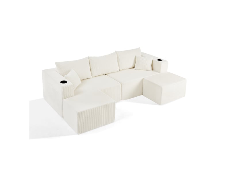 Canapé d’angle modulaire 3 places 230x138x75 cm avec ottomans mobiles en velours côtelé beige - Conforama A