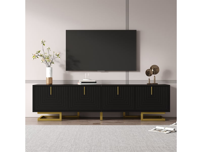  Meuble tv noir 160 cm avec portes texturées et pieds dorés  - Conforama E